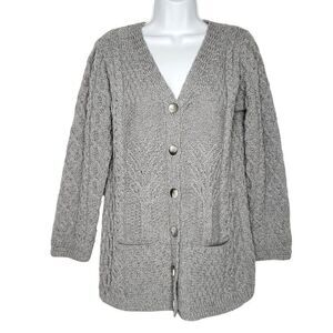 Kilronan Wool Cable Knit Cardigan Sweater M Tree Pattern Front Back Heather Gray